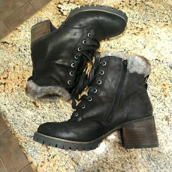 Steve Madden Comfort Faux Fur Trim Lace Up Combat Ankle Boots Bootie Black 9 - Picture 9 of 12